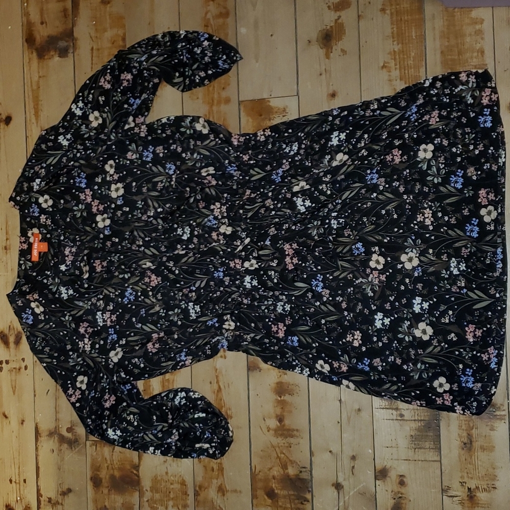 Joe Fresh Black Floral V-Neck Dress with Pink & Blue Flowers